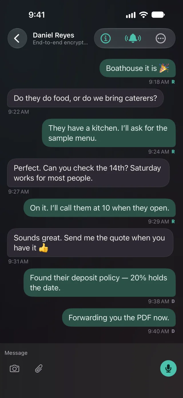 A one-to-one conversation with Delivered and Read marks on each sent message