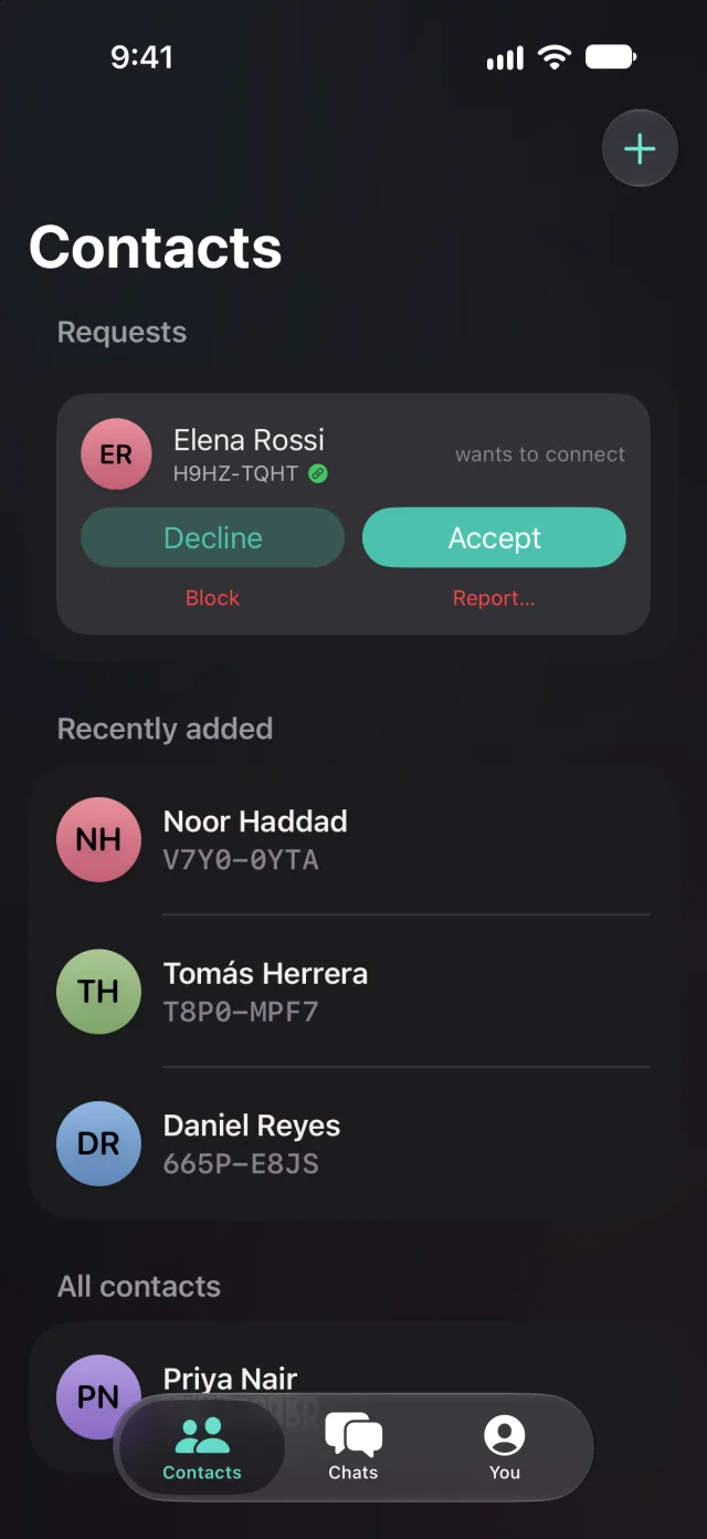 Contacts, with a connection request offering Decline, Accept, Block and Report