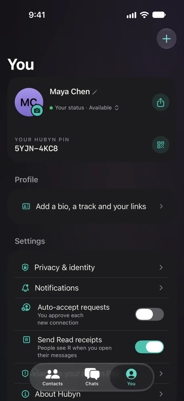 The You tab with the Hubyn PIN, status, and privacy settings
