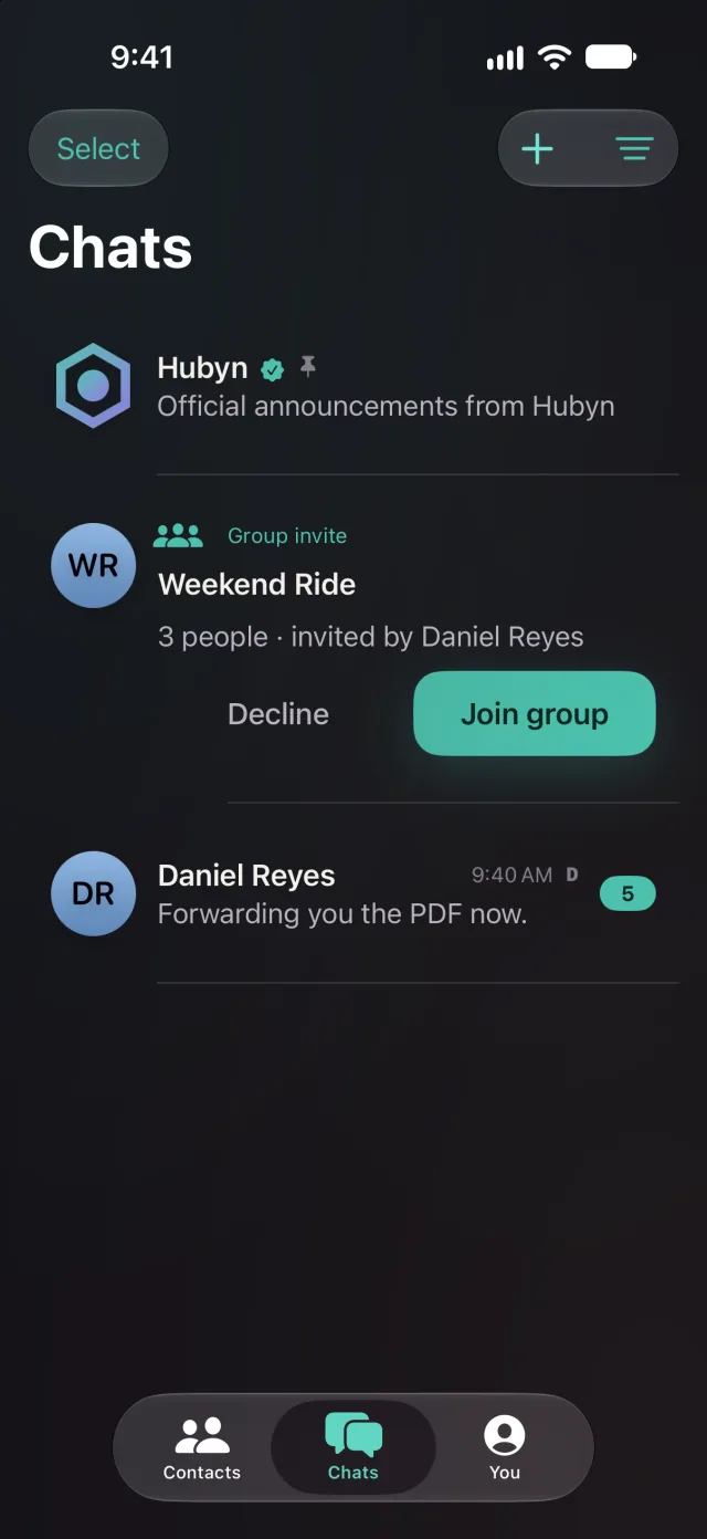 A group invite in the Chats list with Decline and Join group