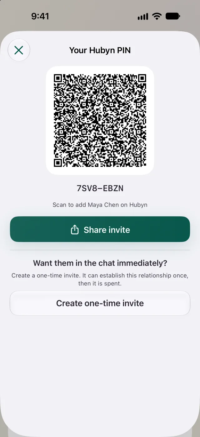 A Hubyn PIN shown as a QR code, with Share invite and Create one-time invite