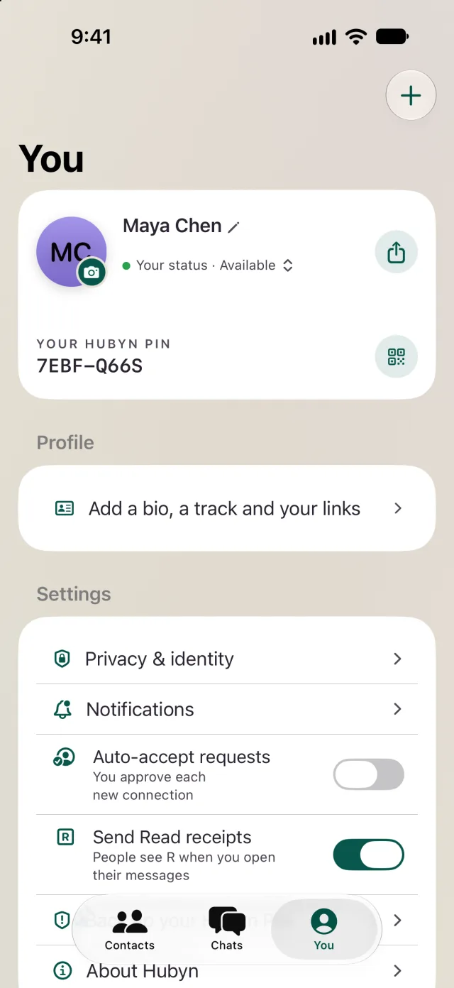 The You tab with the Hubyn PIN, status, and privacy settings