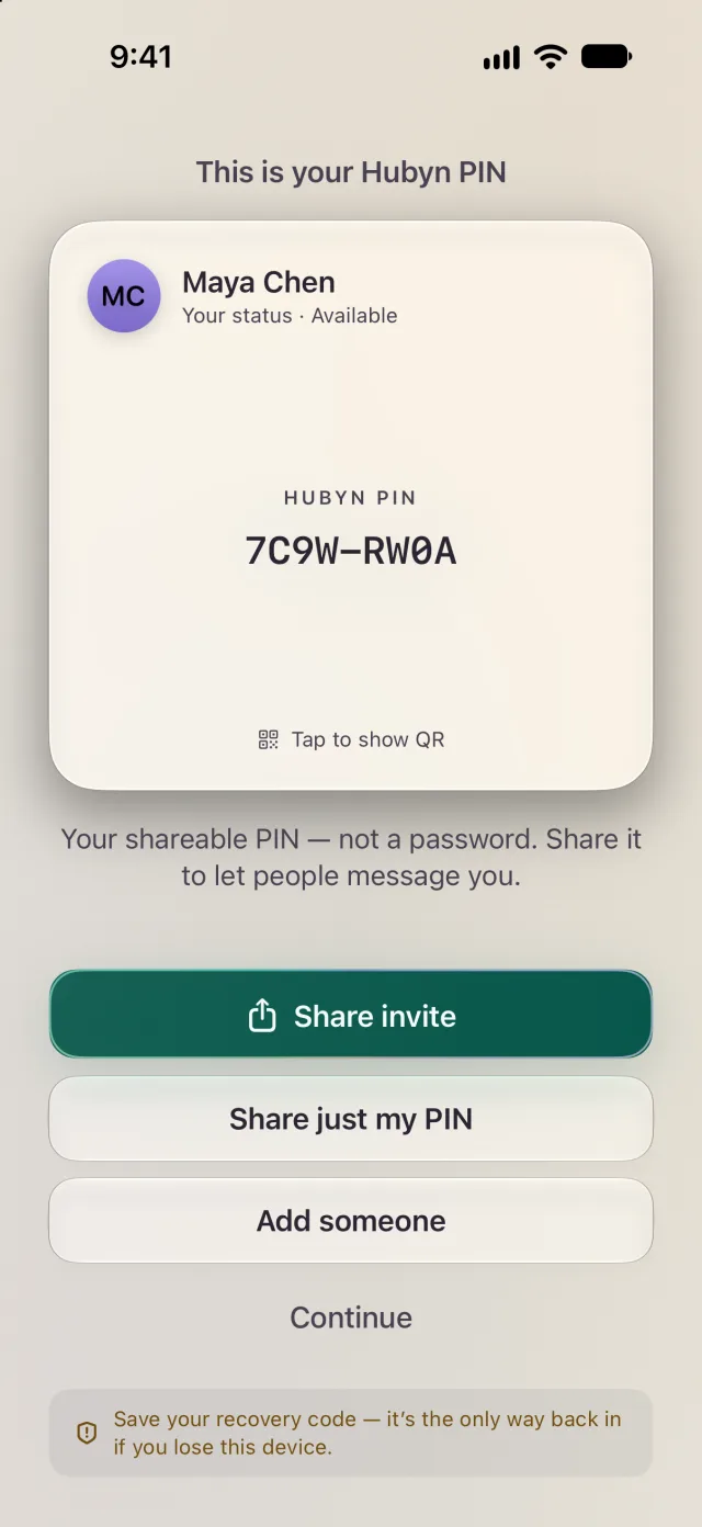 A new Hubyn PIN on its card, with buttons to share an invite, share just the PIN, or add someone