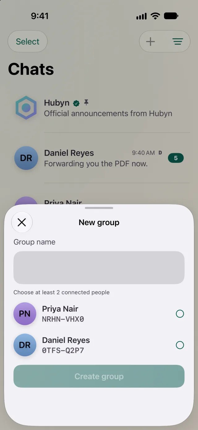 Creating a new group by naming it and choosing connected people