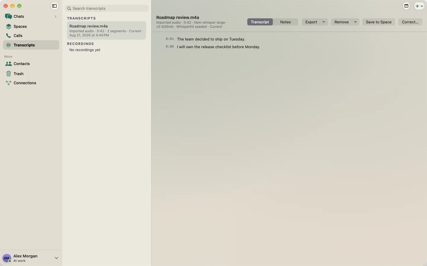 Hubyn on Mac: a transcript of an imported recording, with timestamps